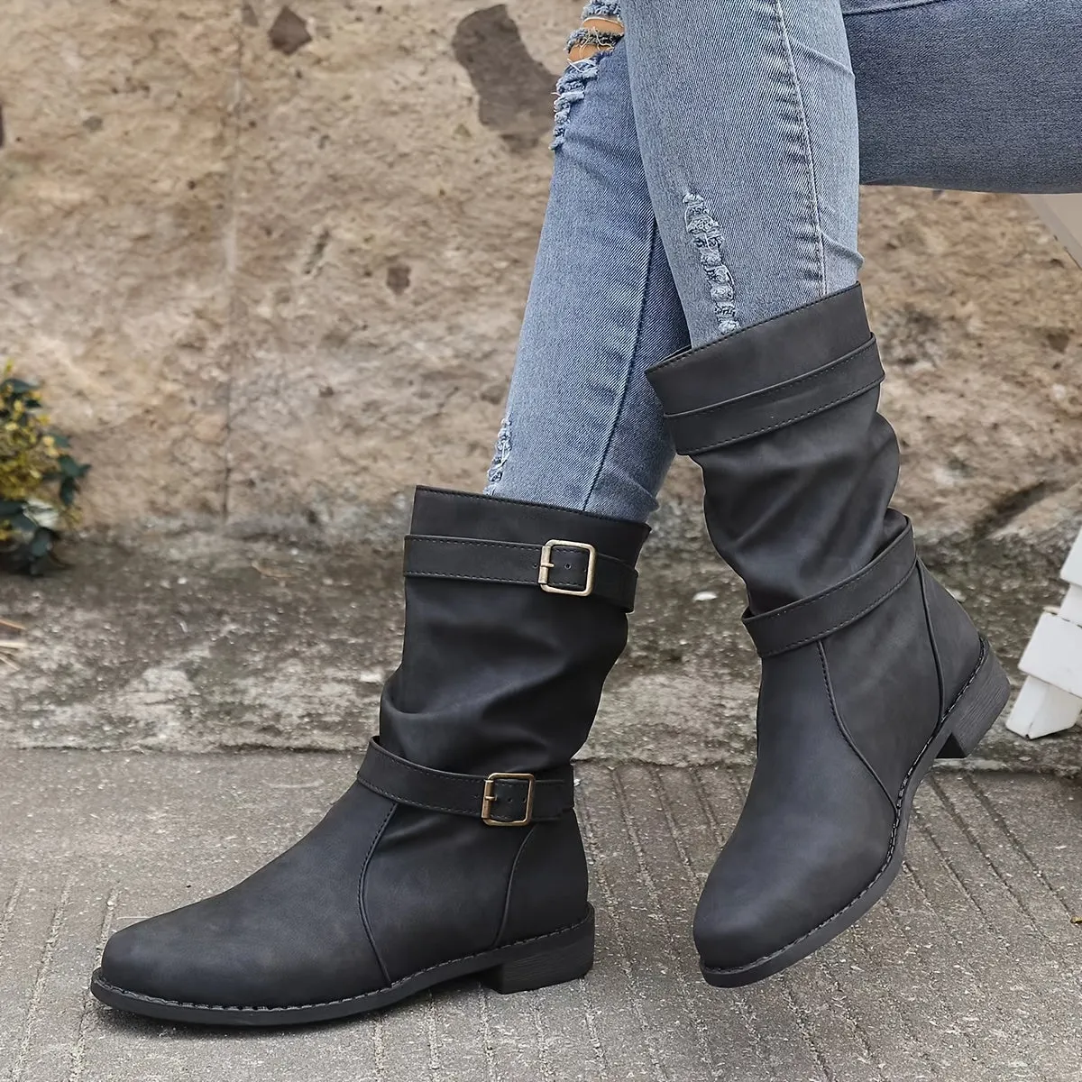 Vintage charm slouchy buckle western boots