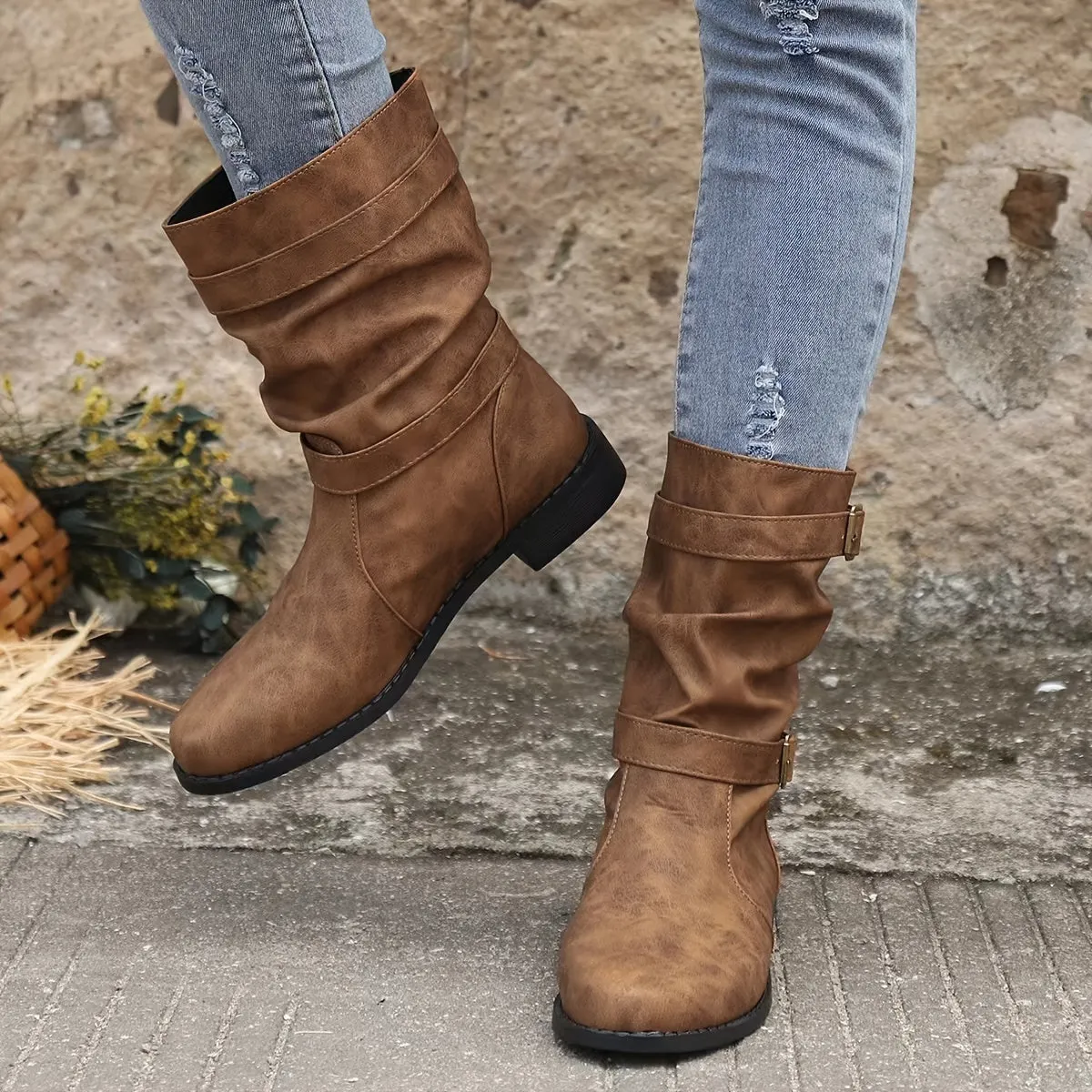 Vintage charm slouchy buckle western boots