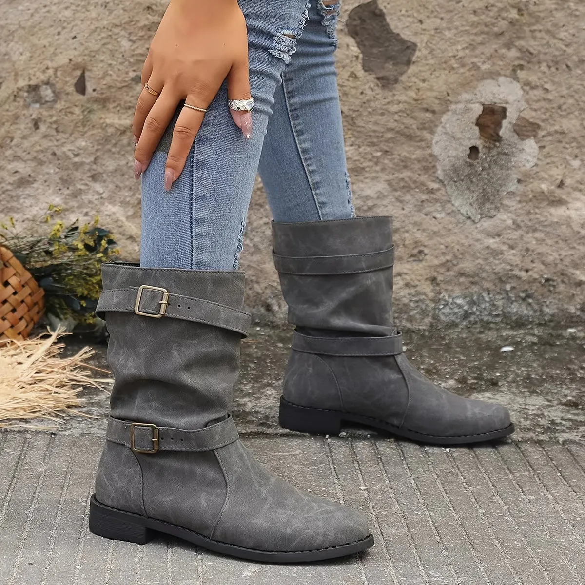 Vintage charm slouchy buckle western boots