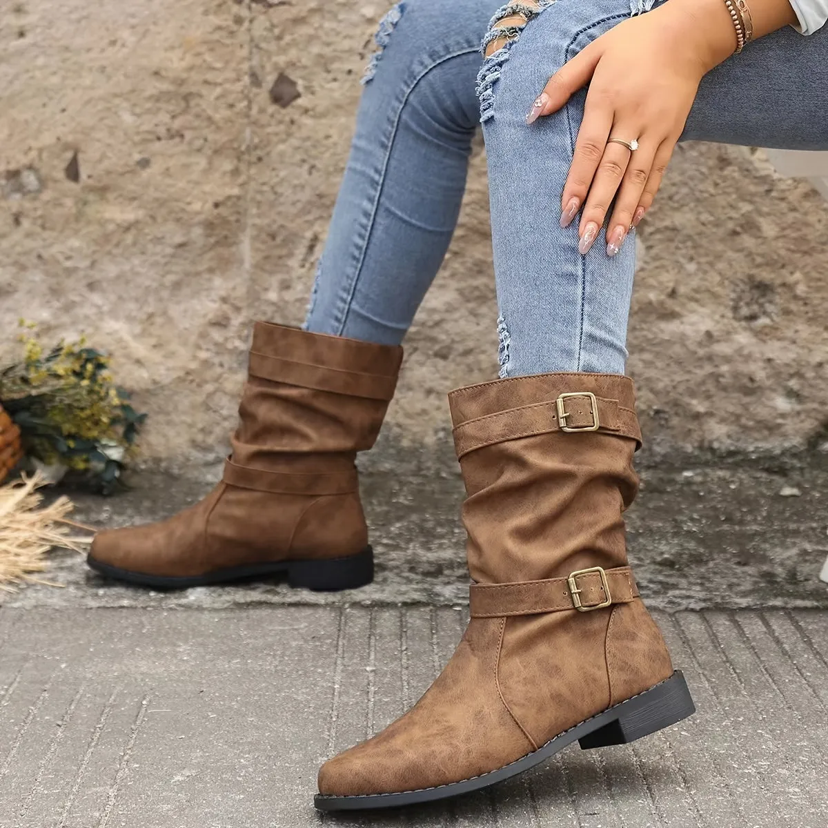 Vintage charm slouchy buckle western boots