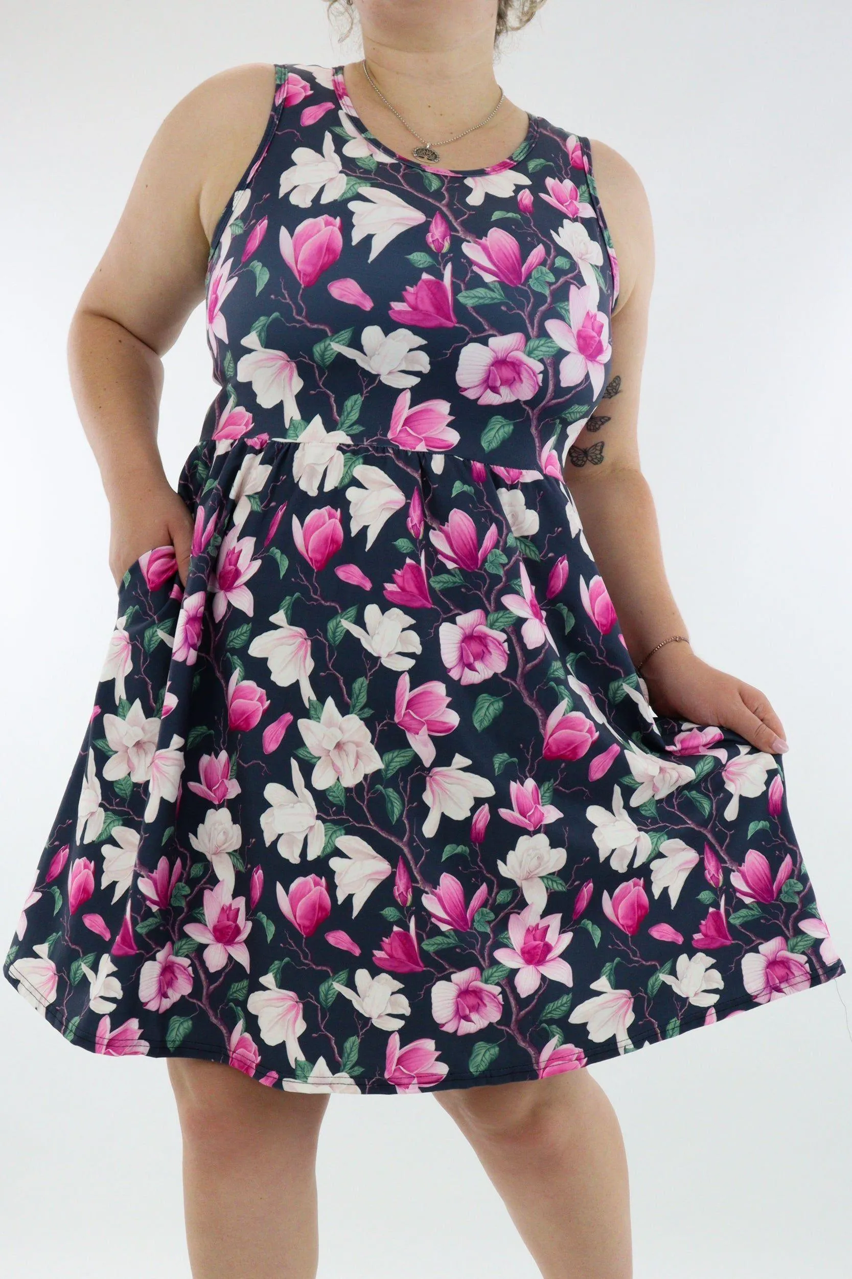 Vintage Magnolia - Sleeveless Skater Dress - Knee Length - Side Pockets
