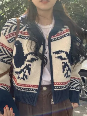 Vintage Print Zip Up Short Knit Cardigan