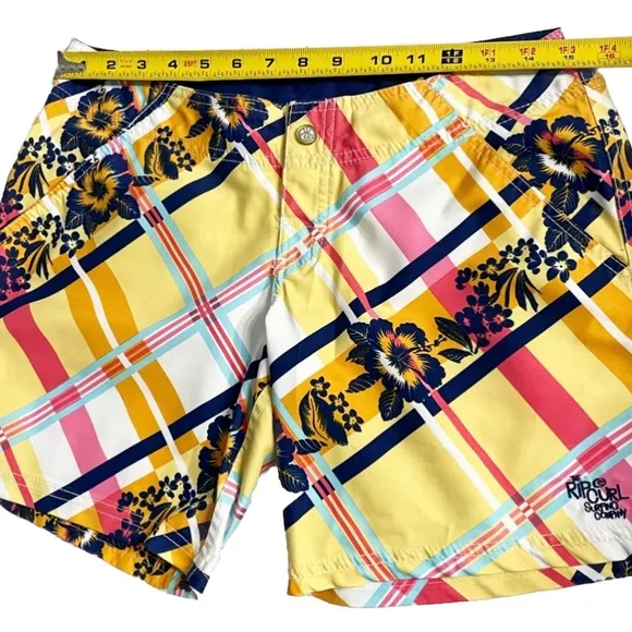 VINTAGE Rip Curl The Search Board Shorts Womens 5 Floral Tartan Yellow/Multi EUC