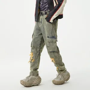 Vintage Tapered Leg Jeans for Men with Unique Patch Details