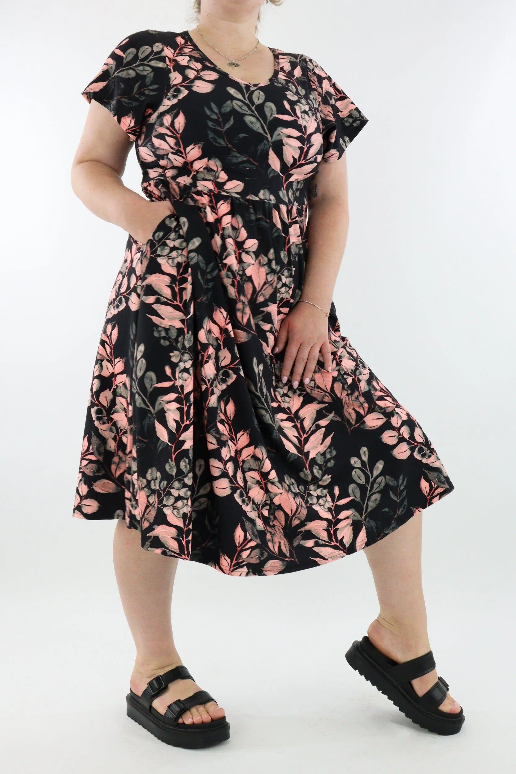 Vintage Watercolour Leaves - A-Line Dress - Midi Length - Side Pockets