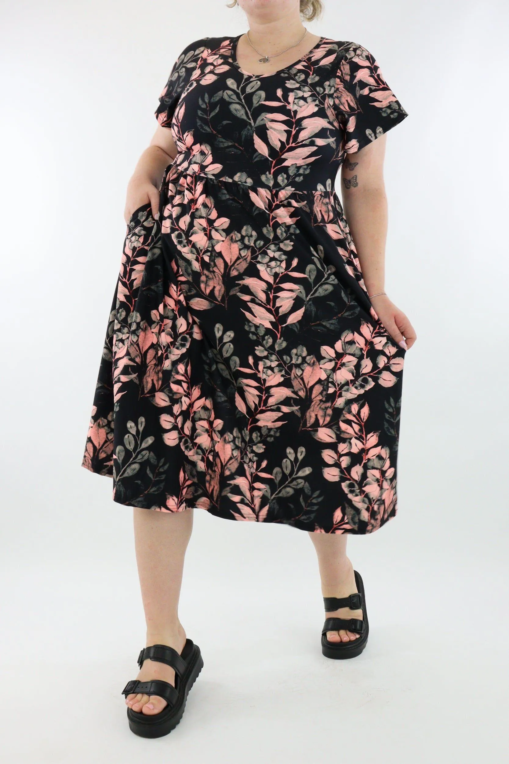 Vintage Watercolour Leaves - A-Line Dress - Midi Length - Side Pockets