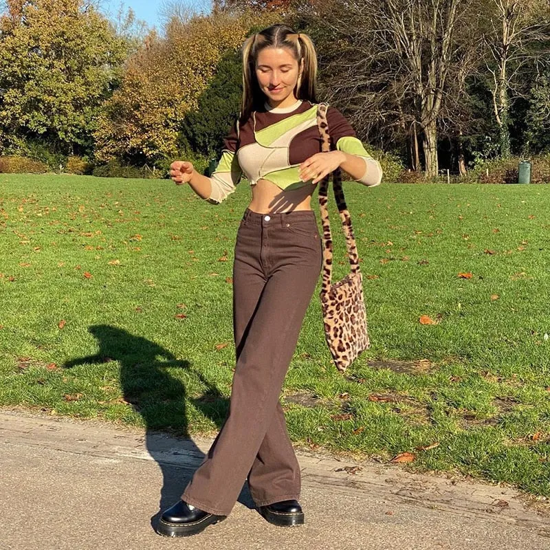 Vintage Y2K Baggy Brown Jeans Women Streetwear Loose High Waist Trousers