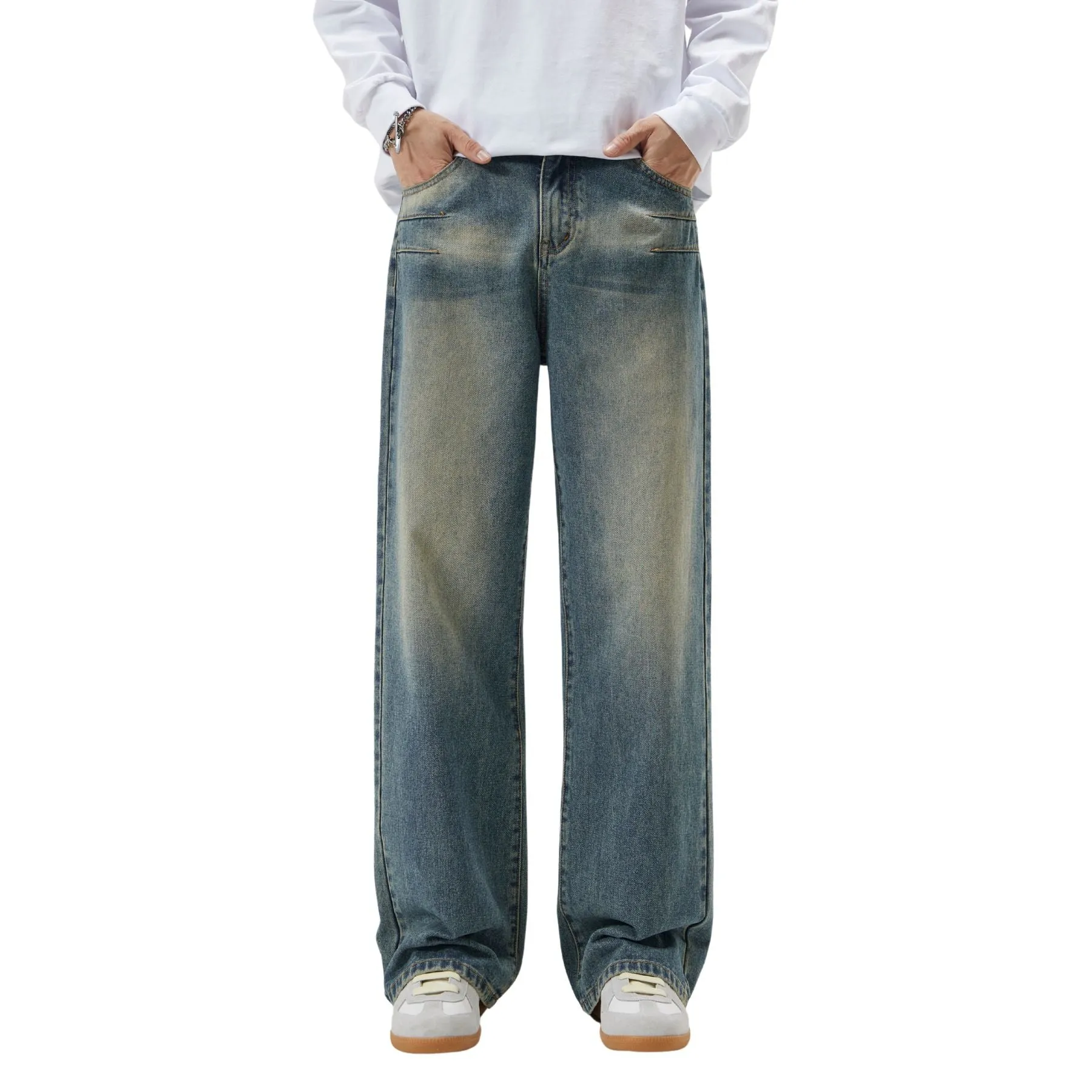 Washed Straight Leg Denim Pants