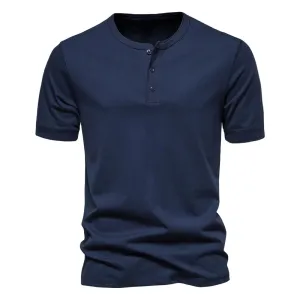 West Louis™ Men Cotton Henley Collar Solid Color Short Sleeve T Shirt