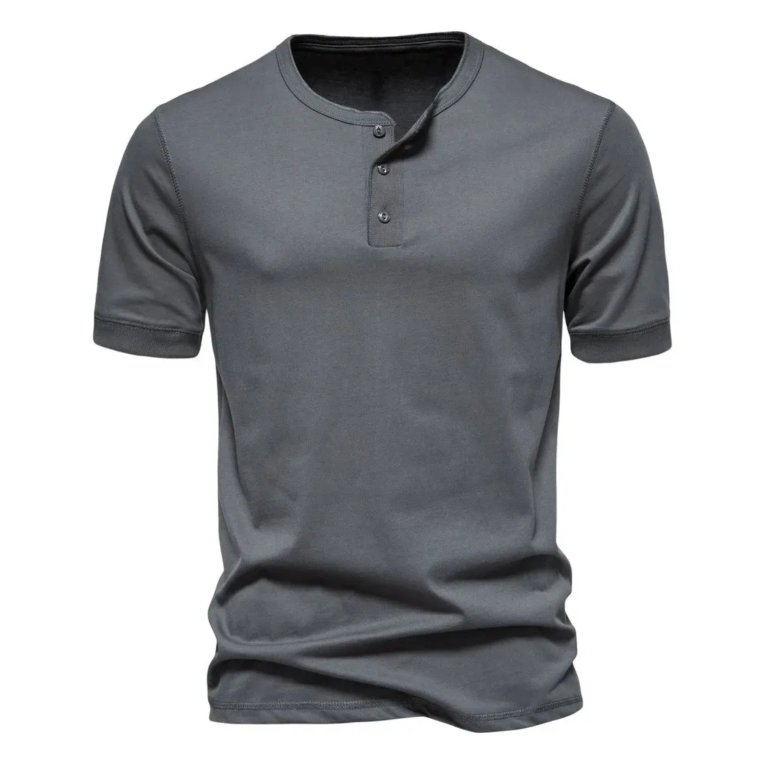 West Louis™ Men Cotton Henley Collar Solid Color Short Sleeve T Shirt