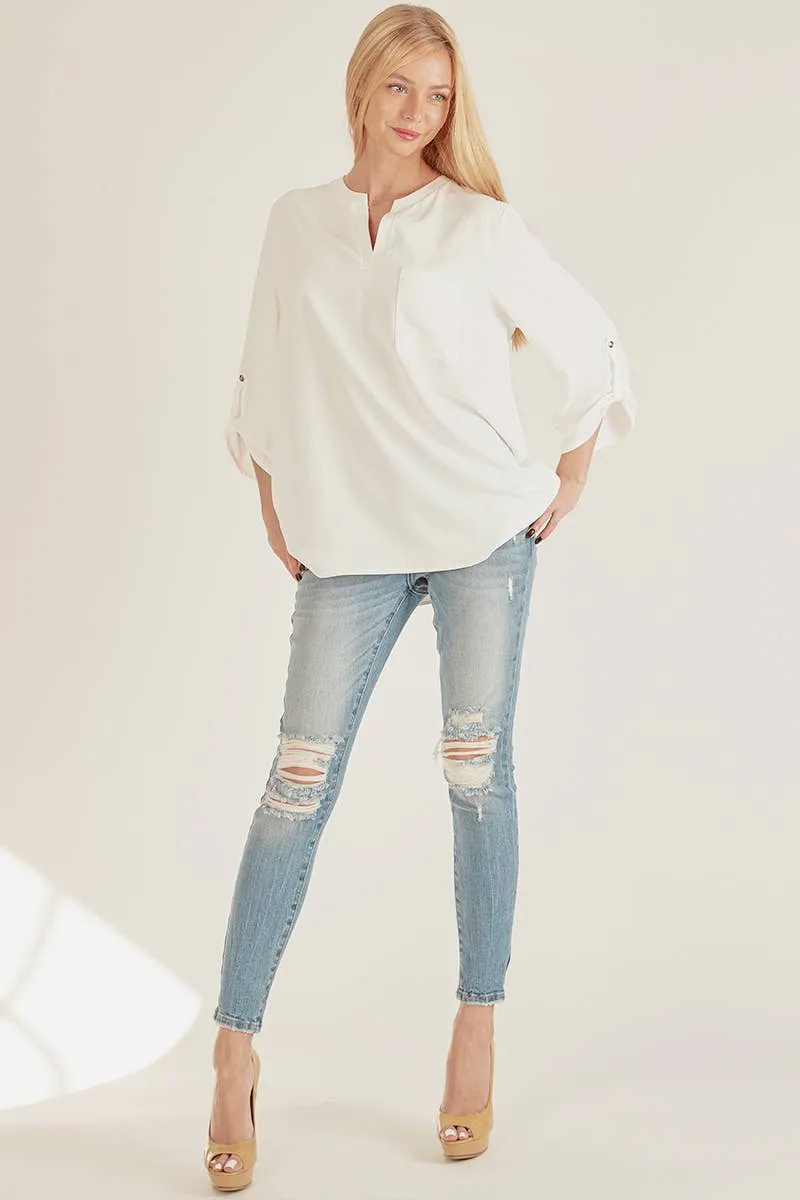 White Front Pocket Solid Slit Open Loose Fit Top
