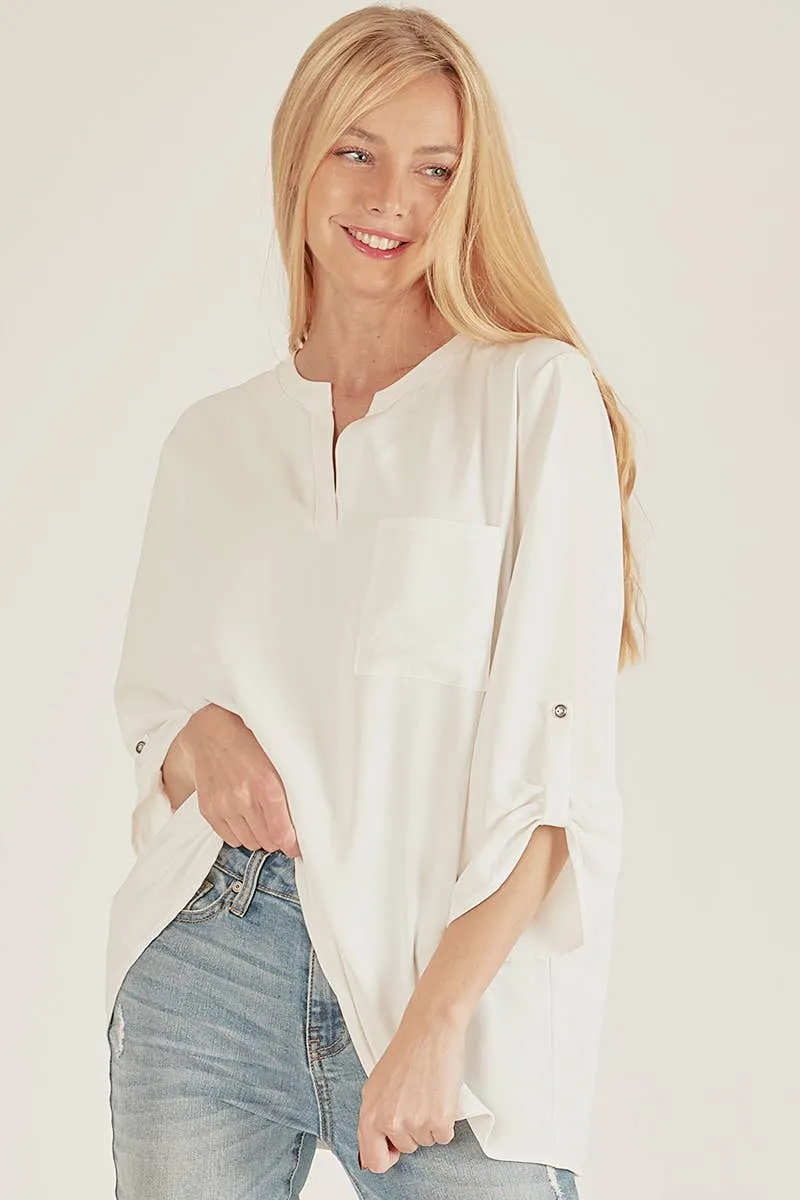 White Front Pocket Solid Slit Open Loose Fit Top