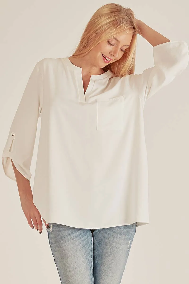 White Front Pocket Solid Slit Open Loose Fit Top