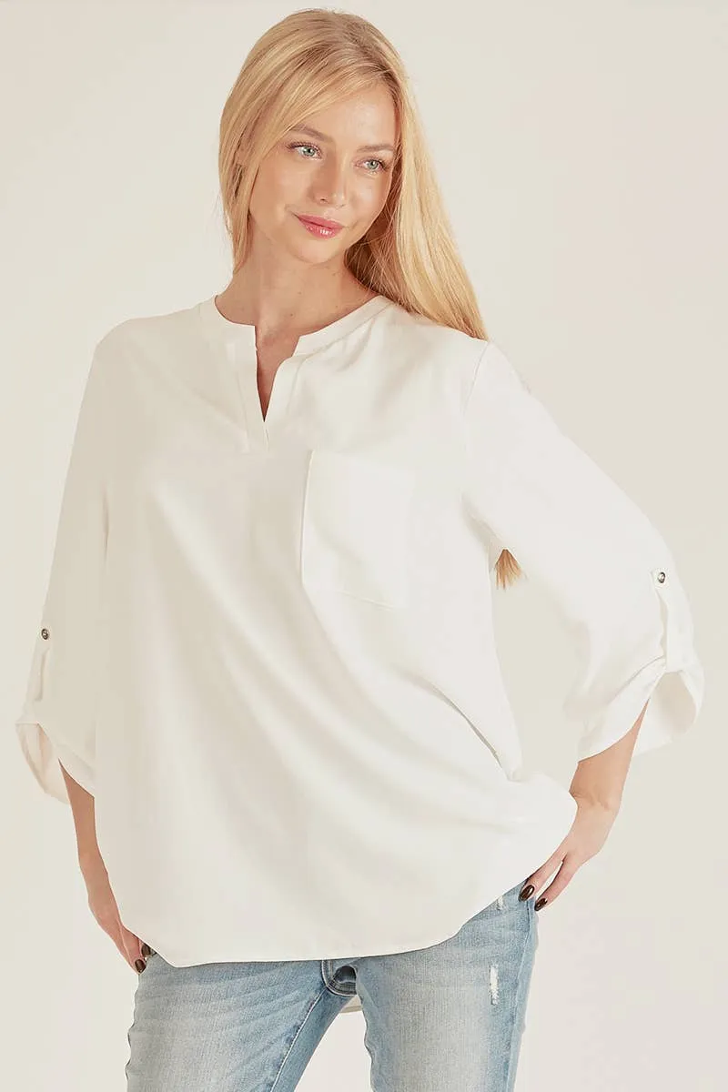 White Front Pocket Solid Slit Open Loose Fit Top