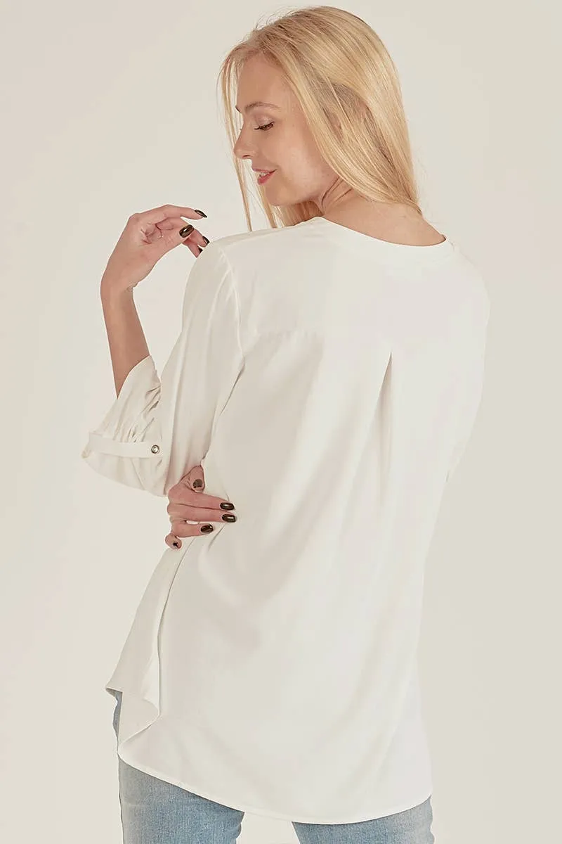 White Front Pocket Solid Slit Open Loose Fit Top