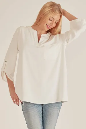 White Front Pocket Solid Slit Open Loose Fit Top