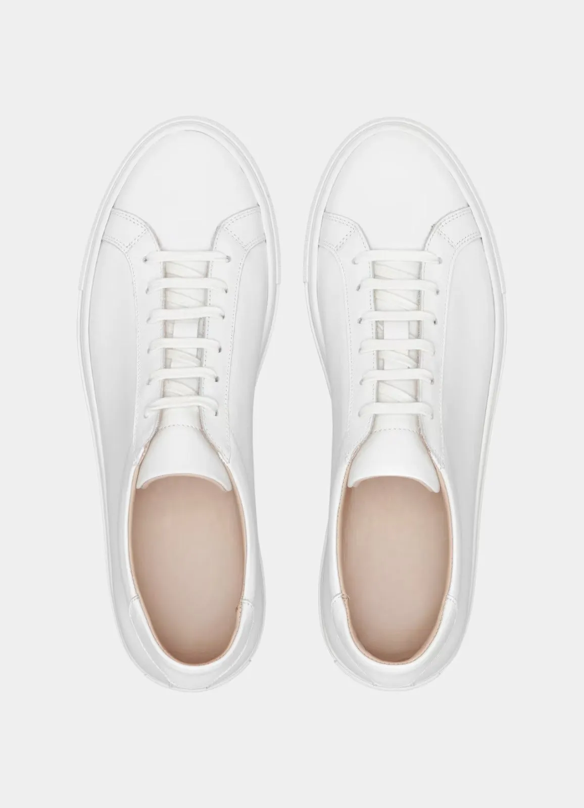 White Leather Low Top Lace Up Sneakers with White Sole - Sneaker Shoes