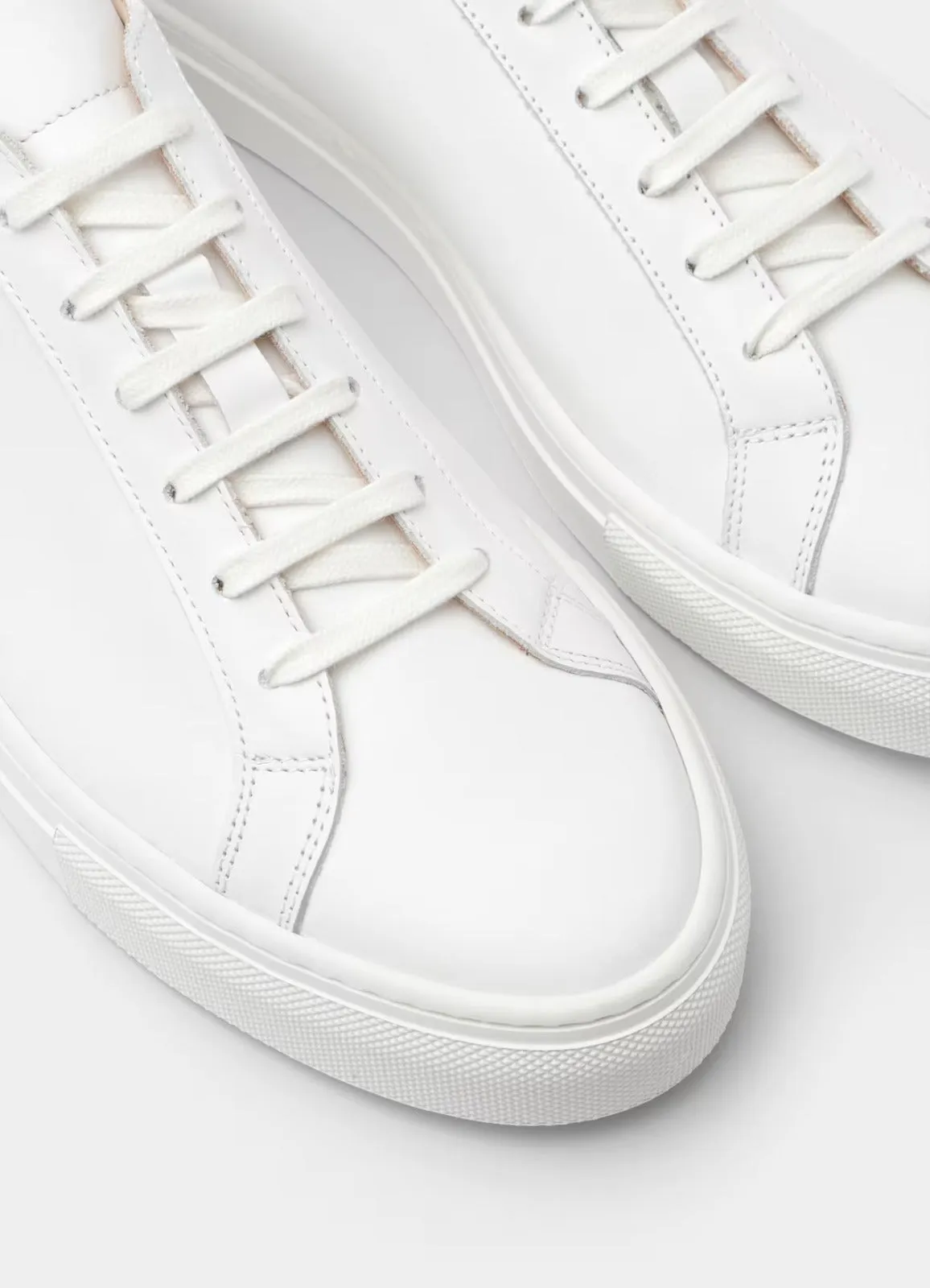 White Leather Low Top Lace Up Sneakers with White Sole - Sneaker Shoes