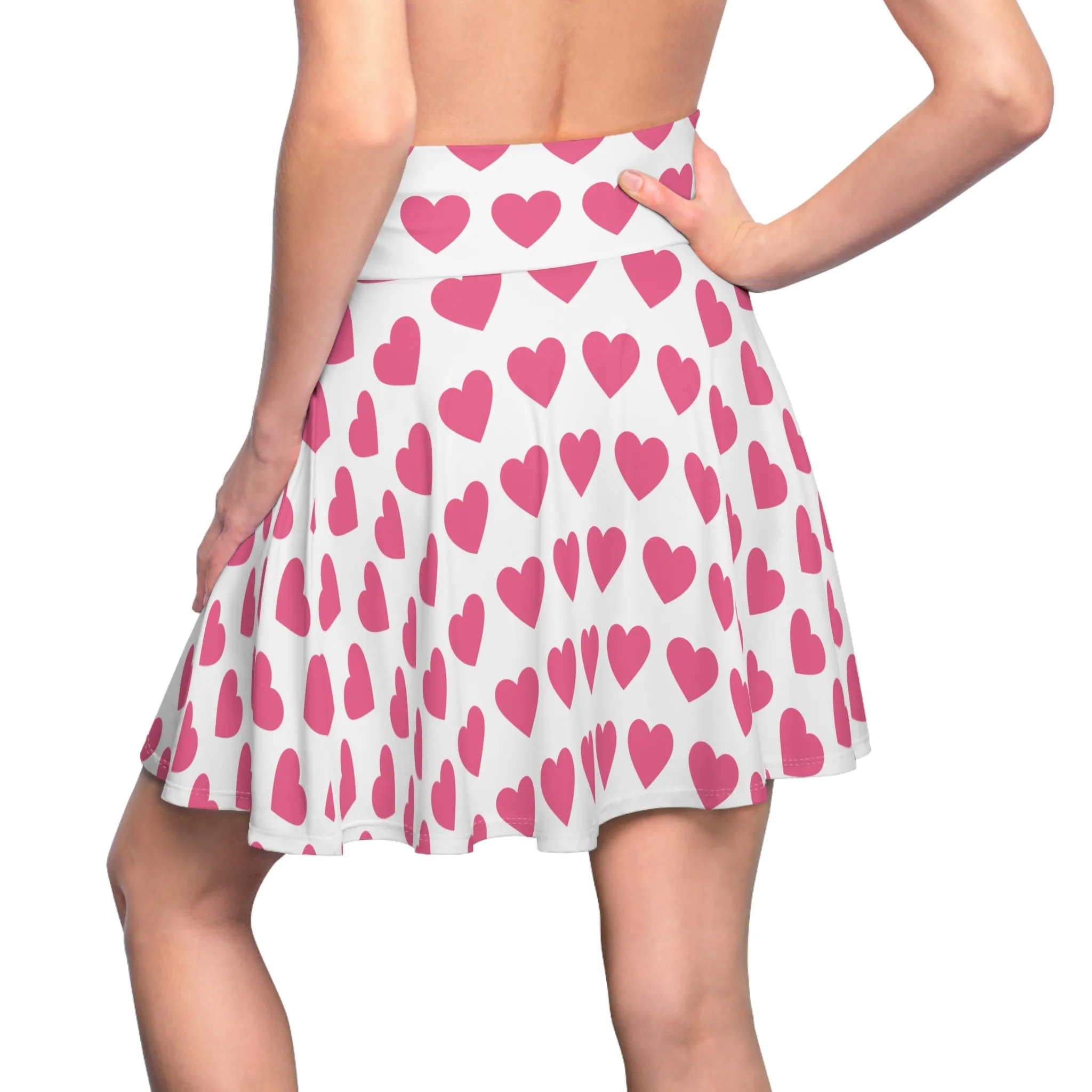 White Pink Heart Valentines Womens Skater Flare Skirt - Saiko Studio