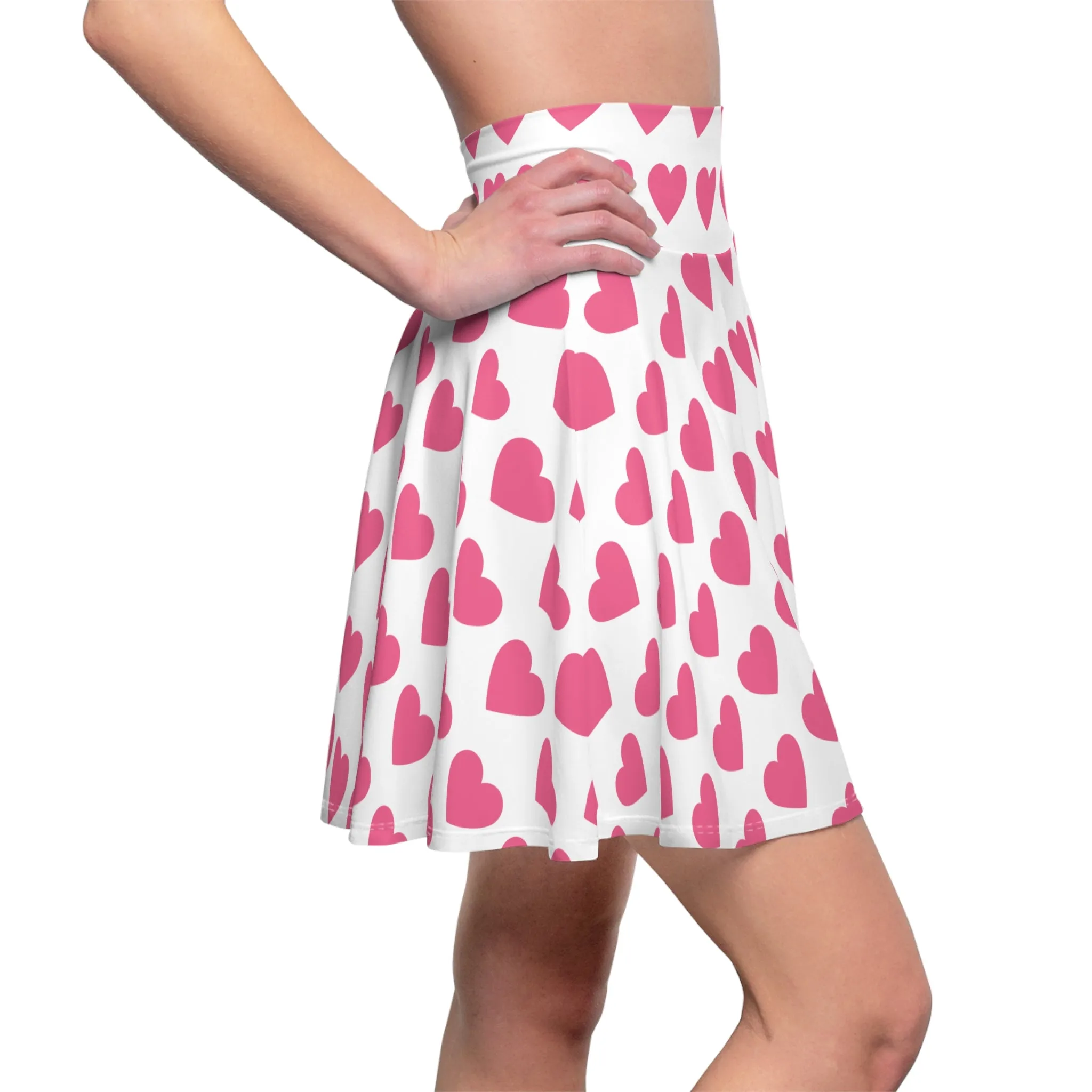 White Pink Heart Valentines Womens Skater Flare Skirt - Saiko Studio