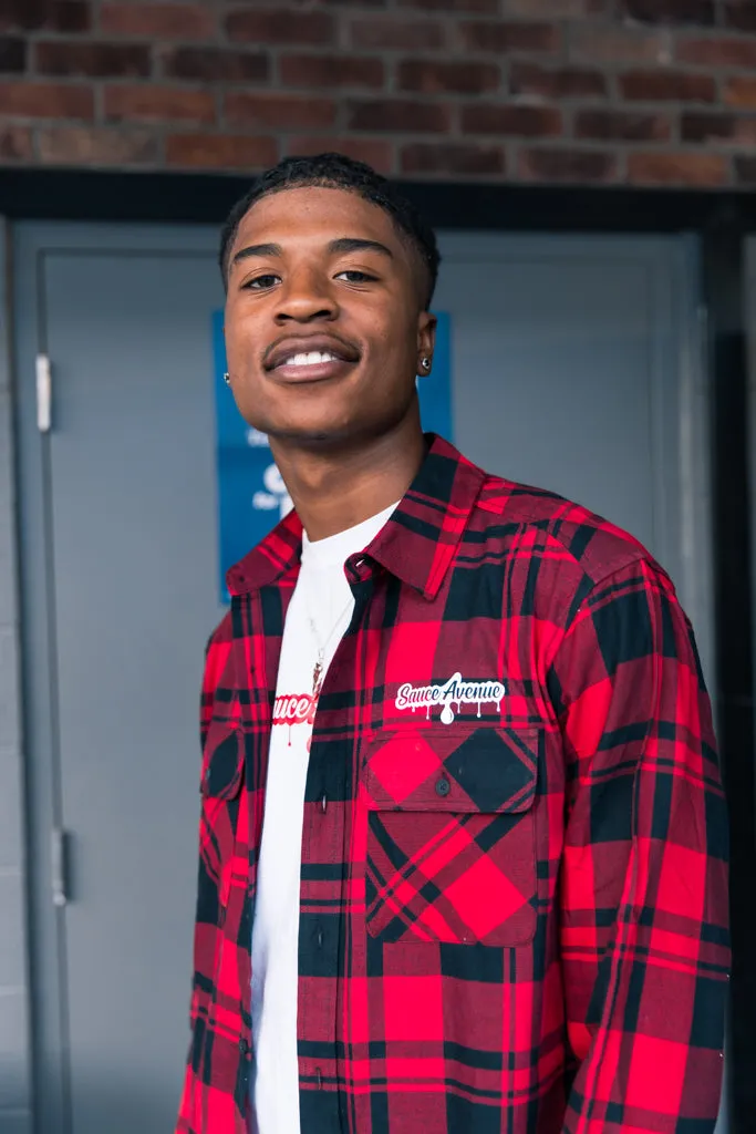 White SA Drip | Red Flannel Shirt