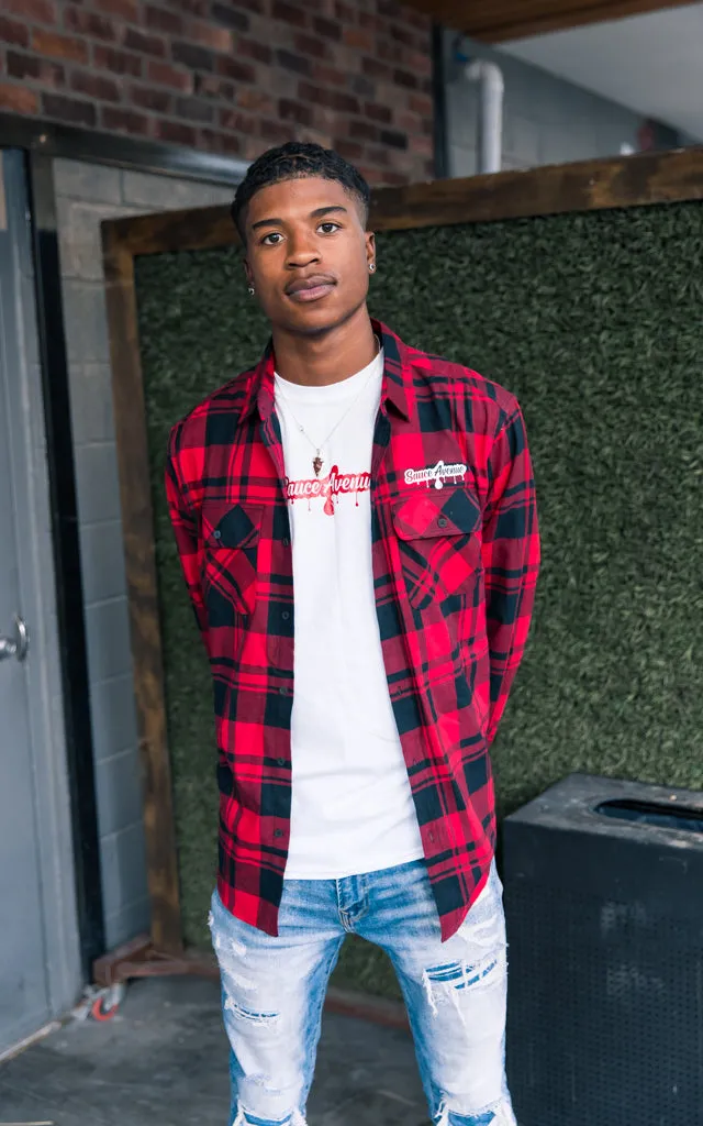 White SA Drip | Red Flannel Shirt