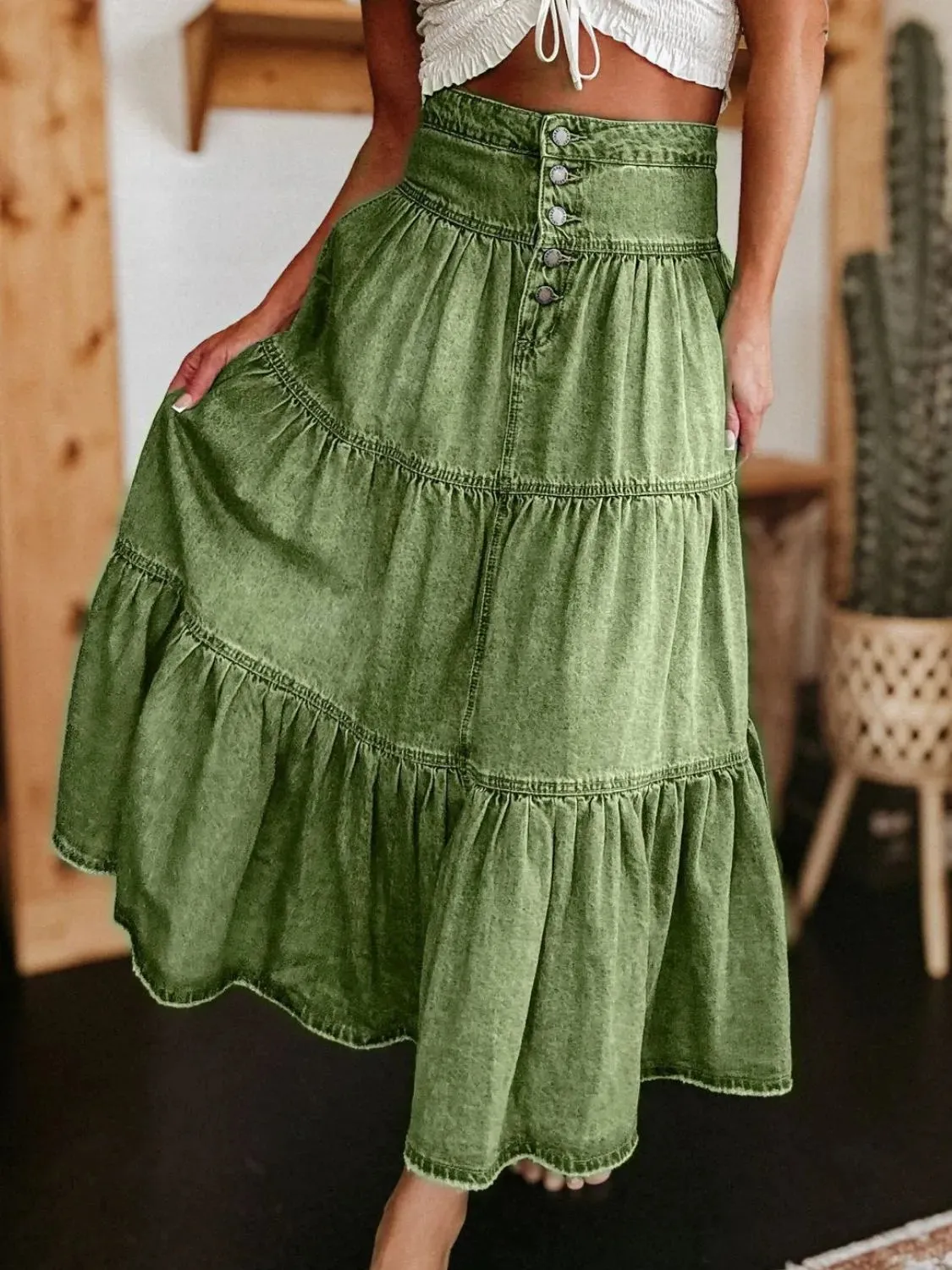 Wild Rose Ruched Denim Midi Skirt
