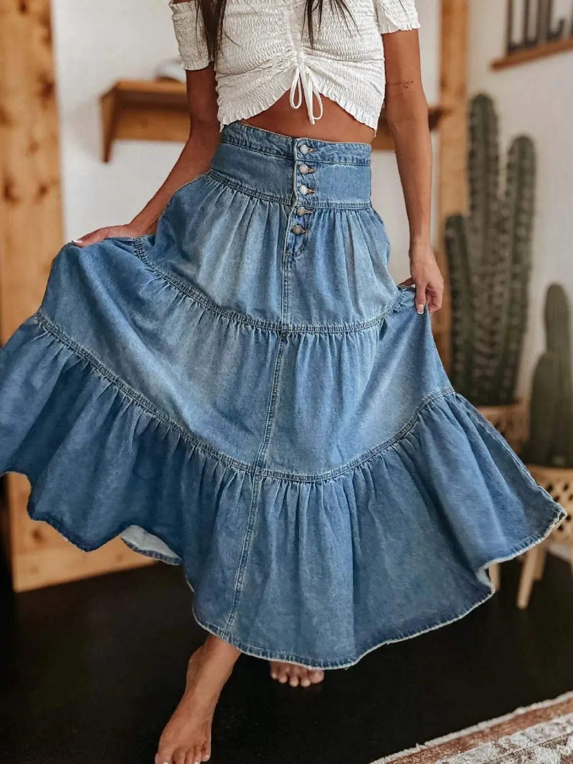 Wild Rose Ruched Denim Midi Skirt