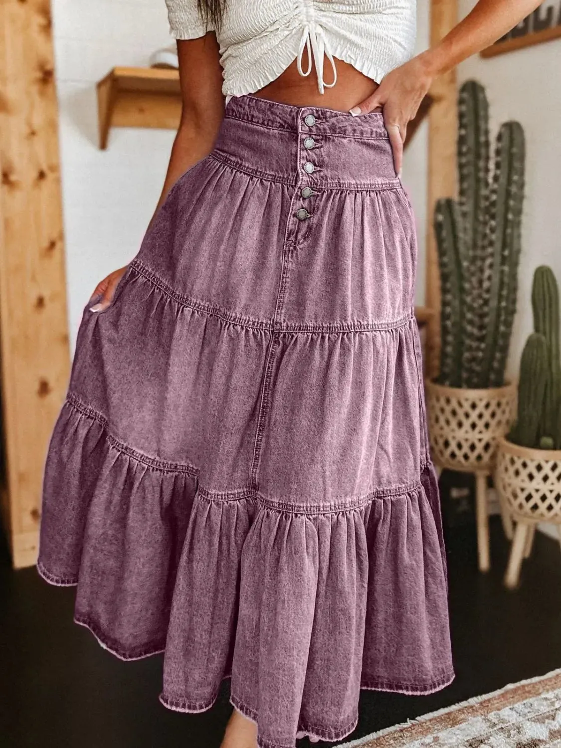 Wild Rose Ruched Denim Midi Skirt