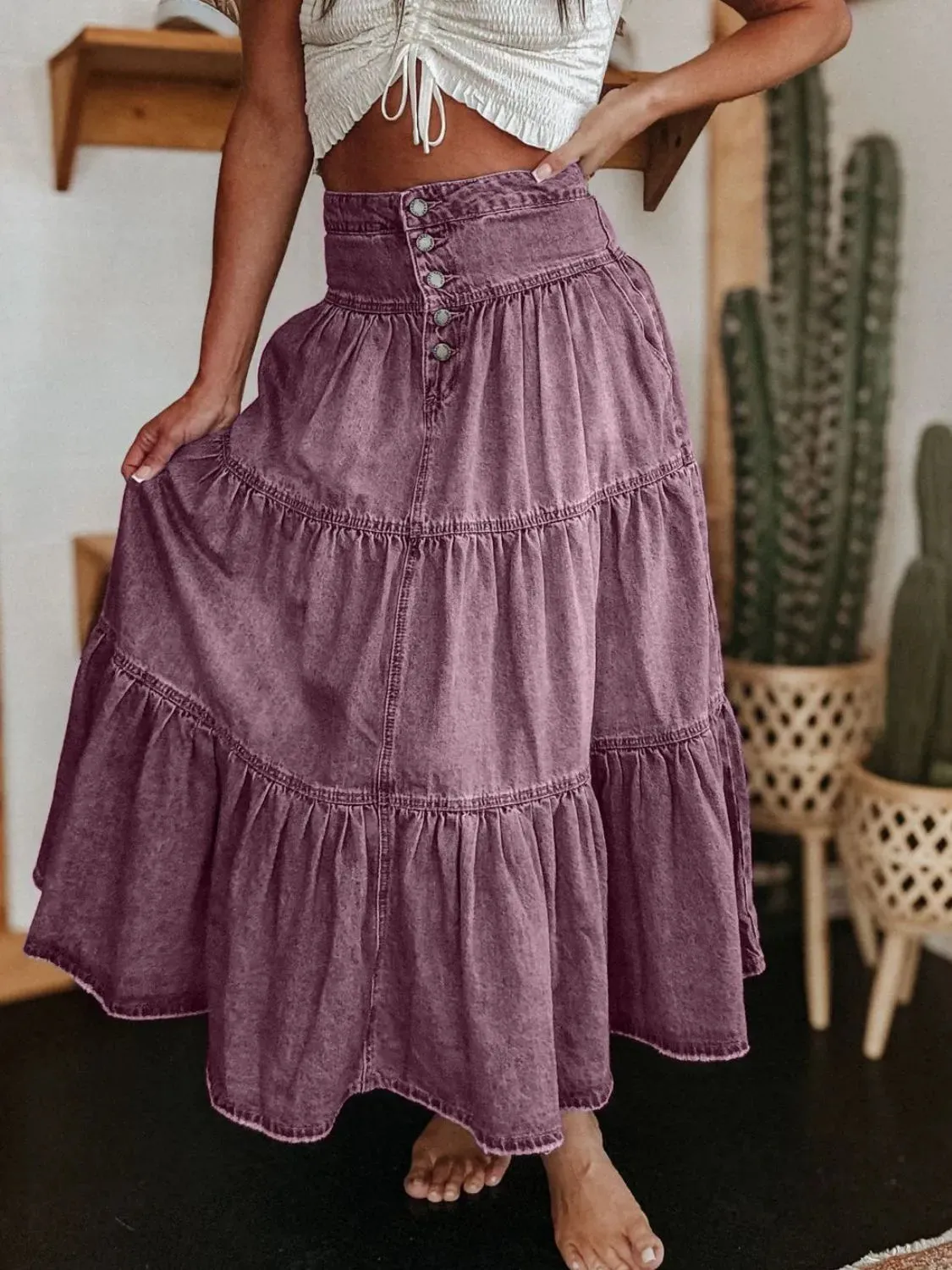 Wild Rose Ruched Denim Midi Skirt