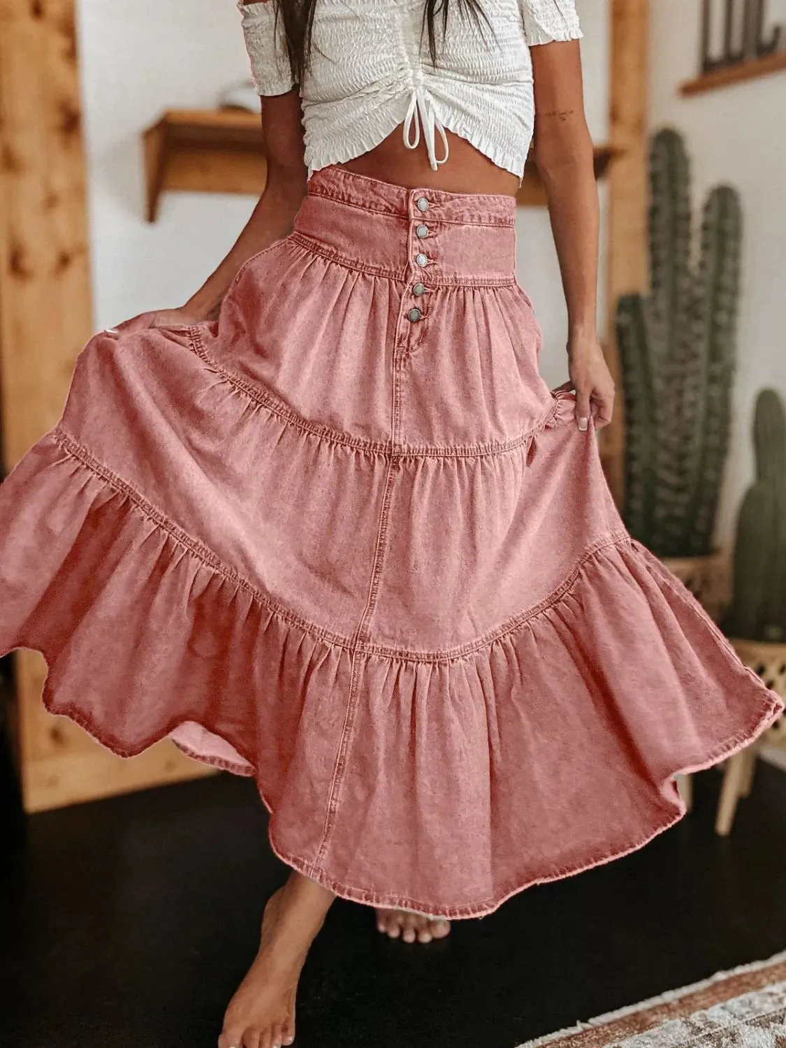 Wild Rose Ruched Denim Midi Skirt