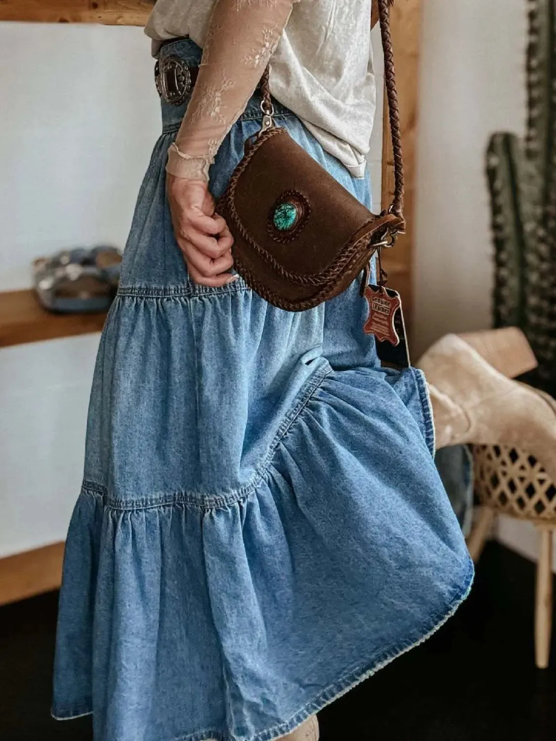 Wild Rose Ruched Denim Midi Skirt