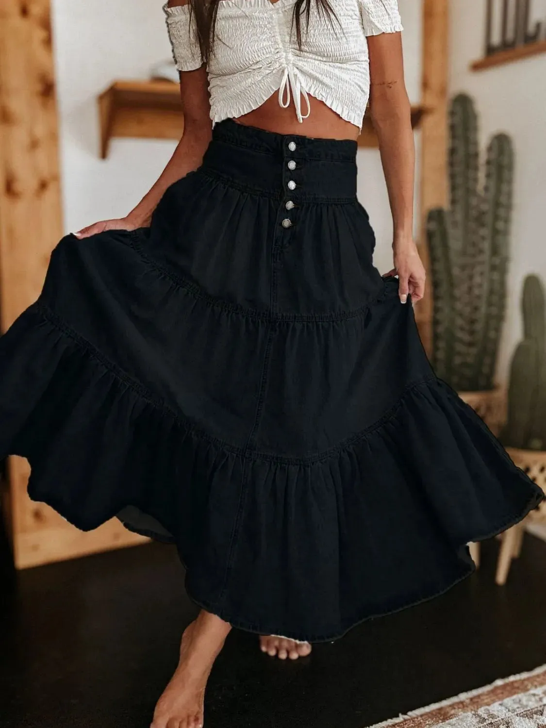 Wild Rose Ruched Denim Midi Skirt