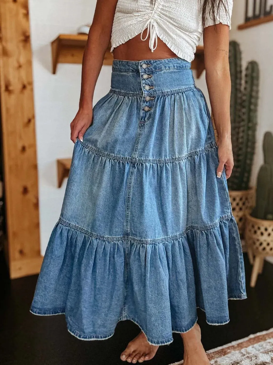 Wild Rose Ruched Denim Midi Skirt