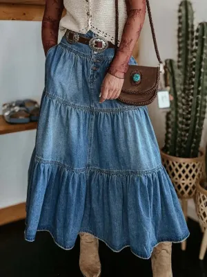 Wild Rose Ruched Denim Midi Skirt