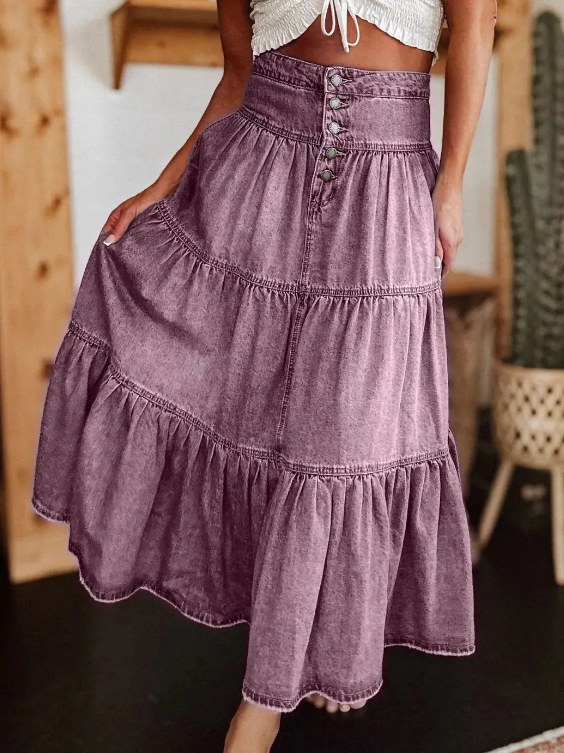 Wild Rose Ruched Denim Midi Skirt