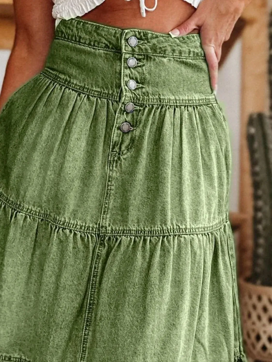 Wild Rose Ruched Denim Midi Skirt