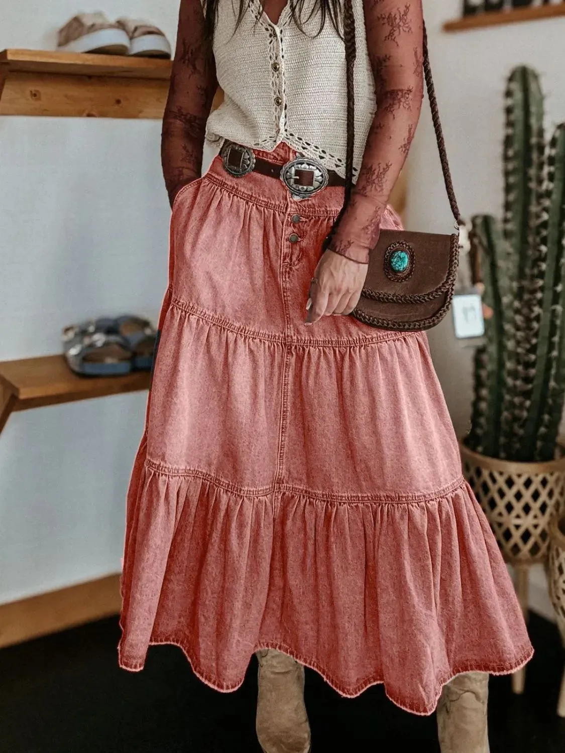 Wild Rose Ruched Denim Midi Skirt