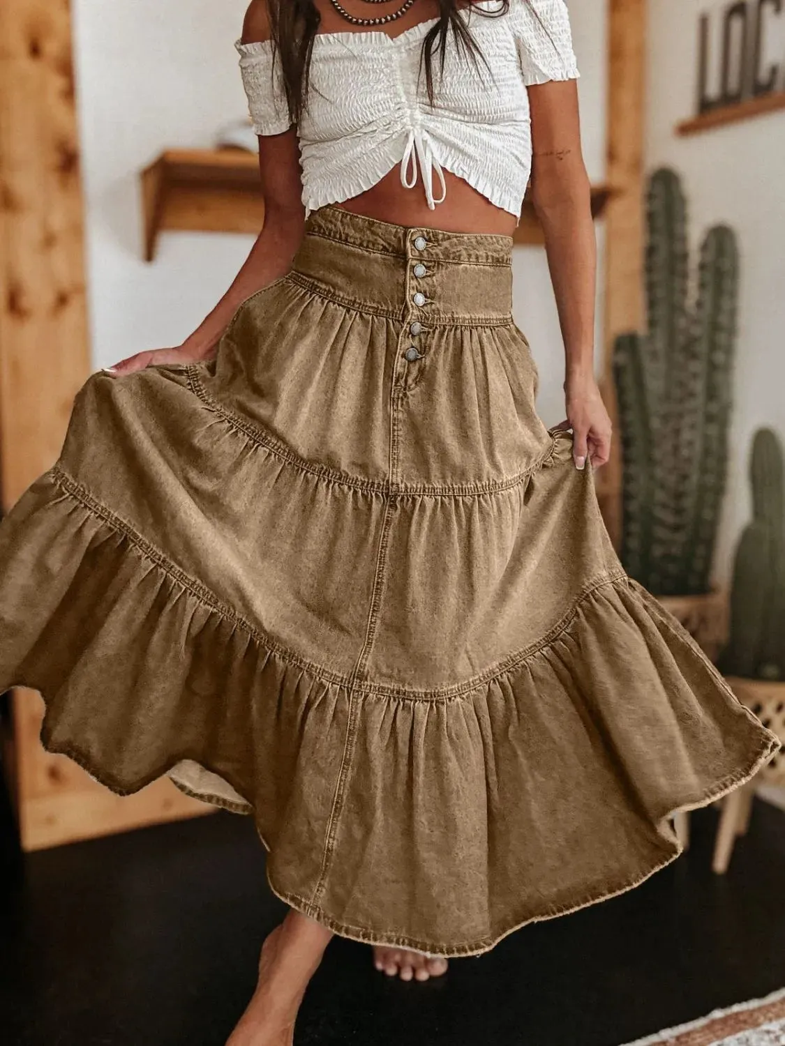 Wild Rose Ruched Denim Midi Skirt