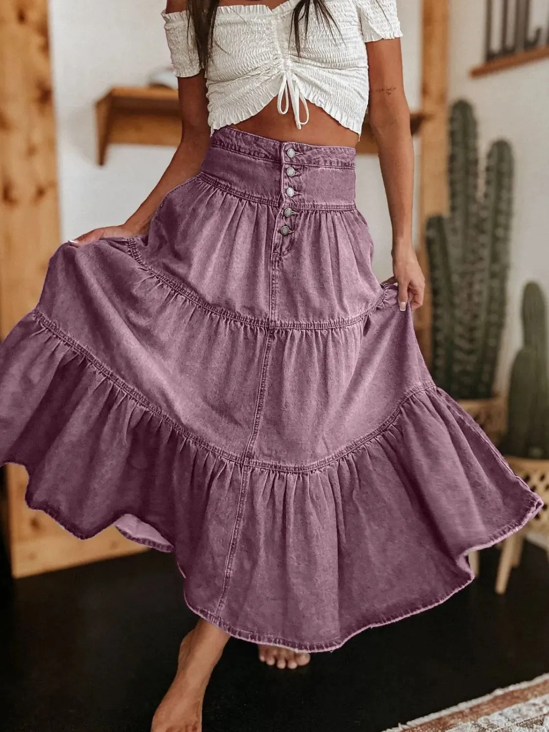 Wild Rose Ruched Denim Midi Skirt