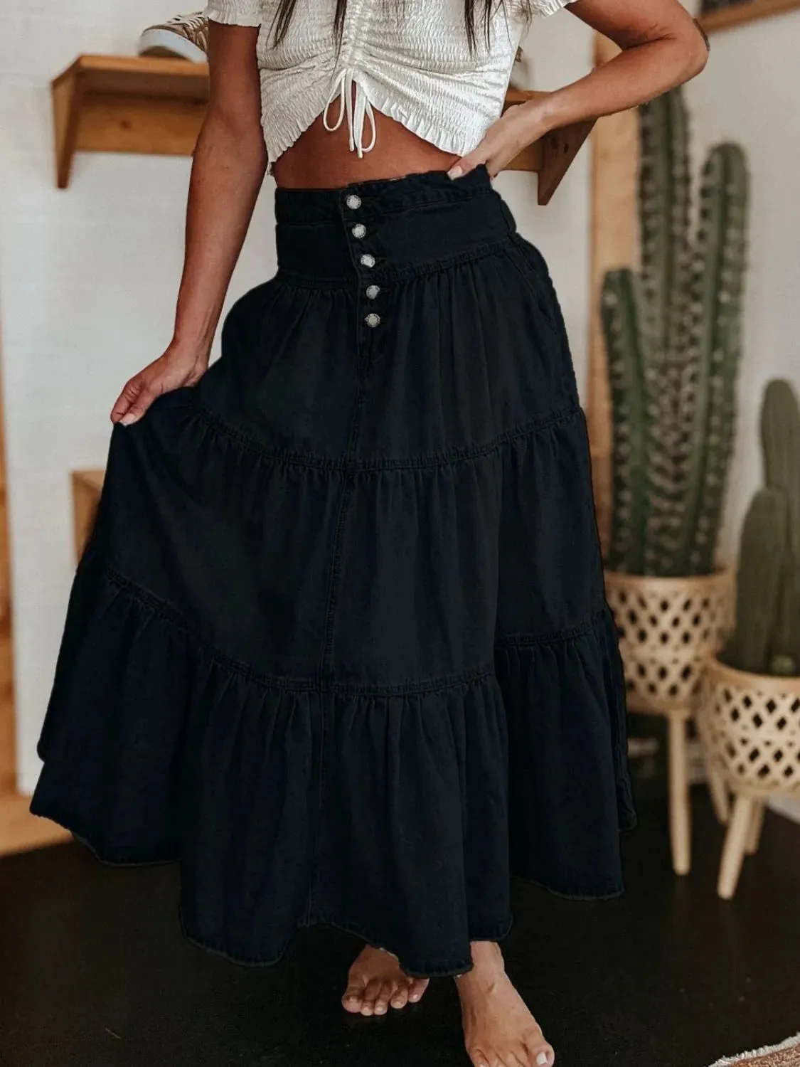 Wild Rose Ruched Denim Midi Skirt