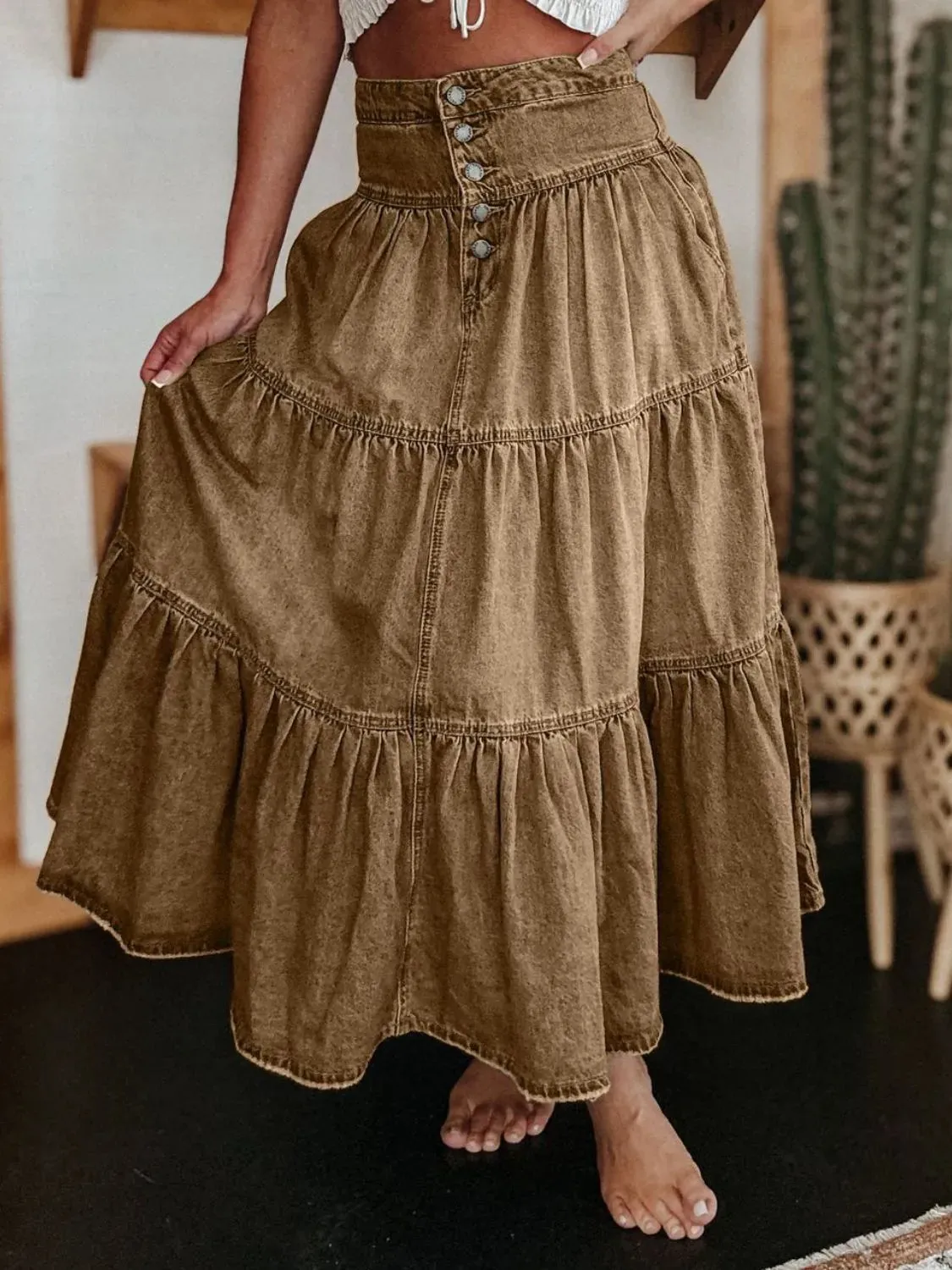 Wild Rose Ruched Denim Midi Skirt