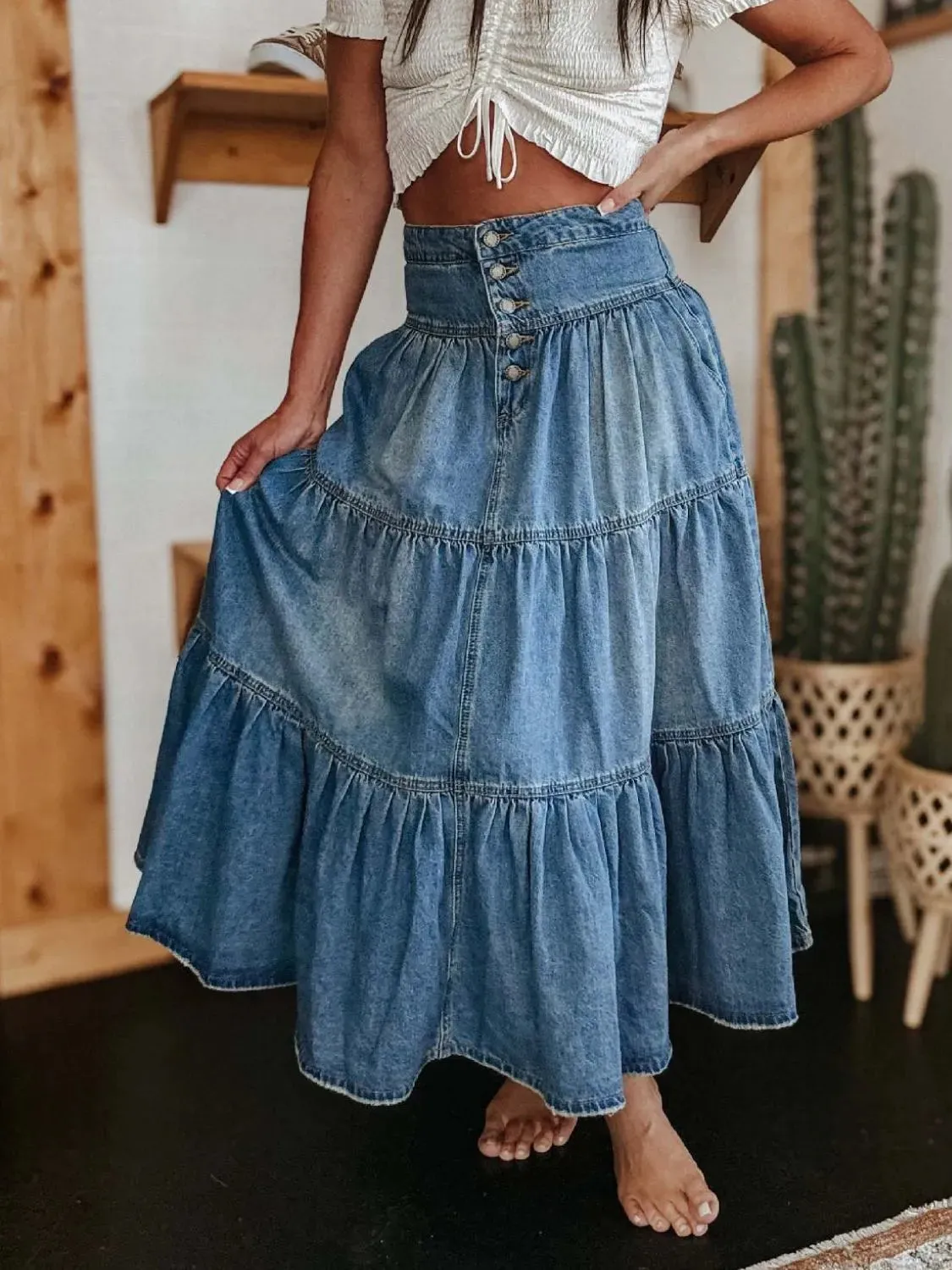 Wild Rose Ruched Denim Midi Skirt