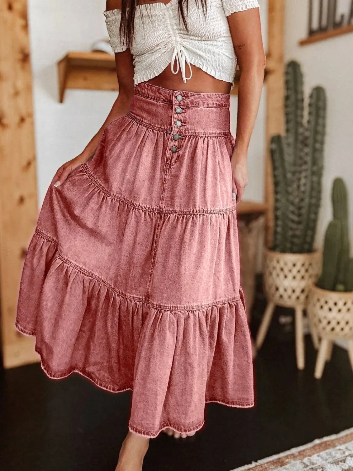 Wild Rose Ruched Denim Midi Skirt