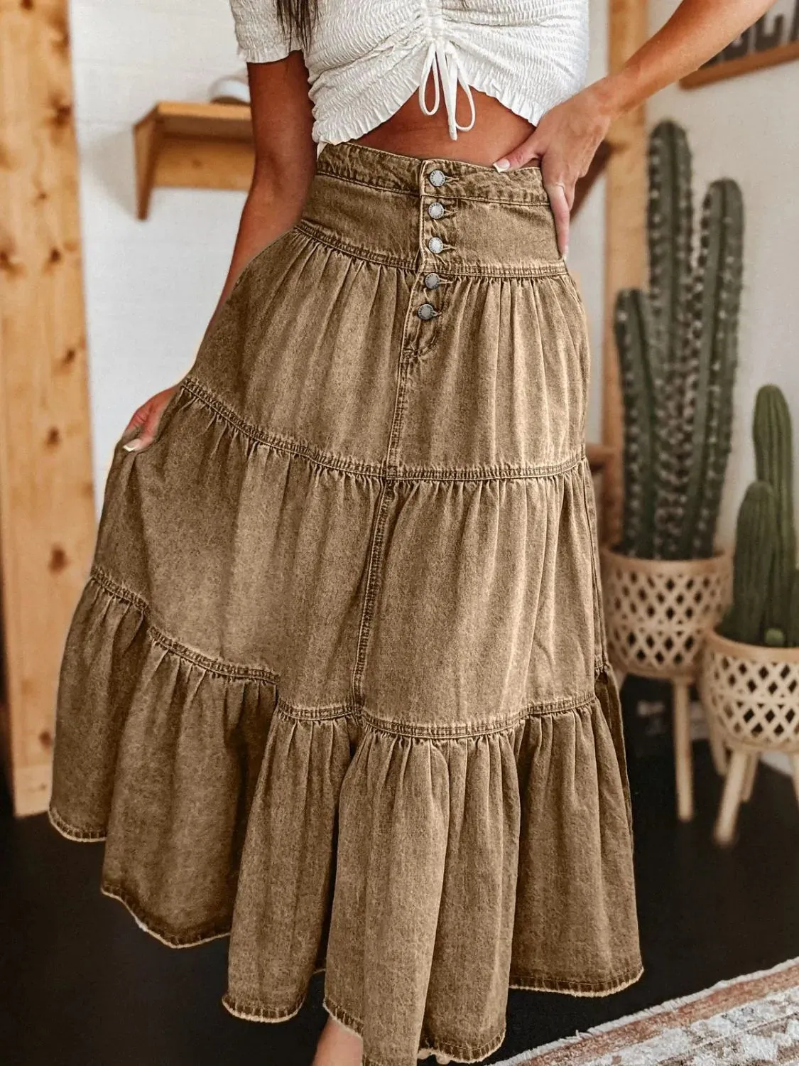 Wild Rose Ruched Denim Midi Skirt