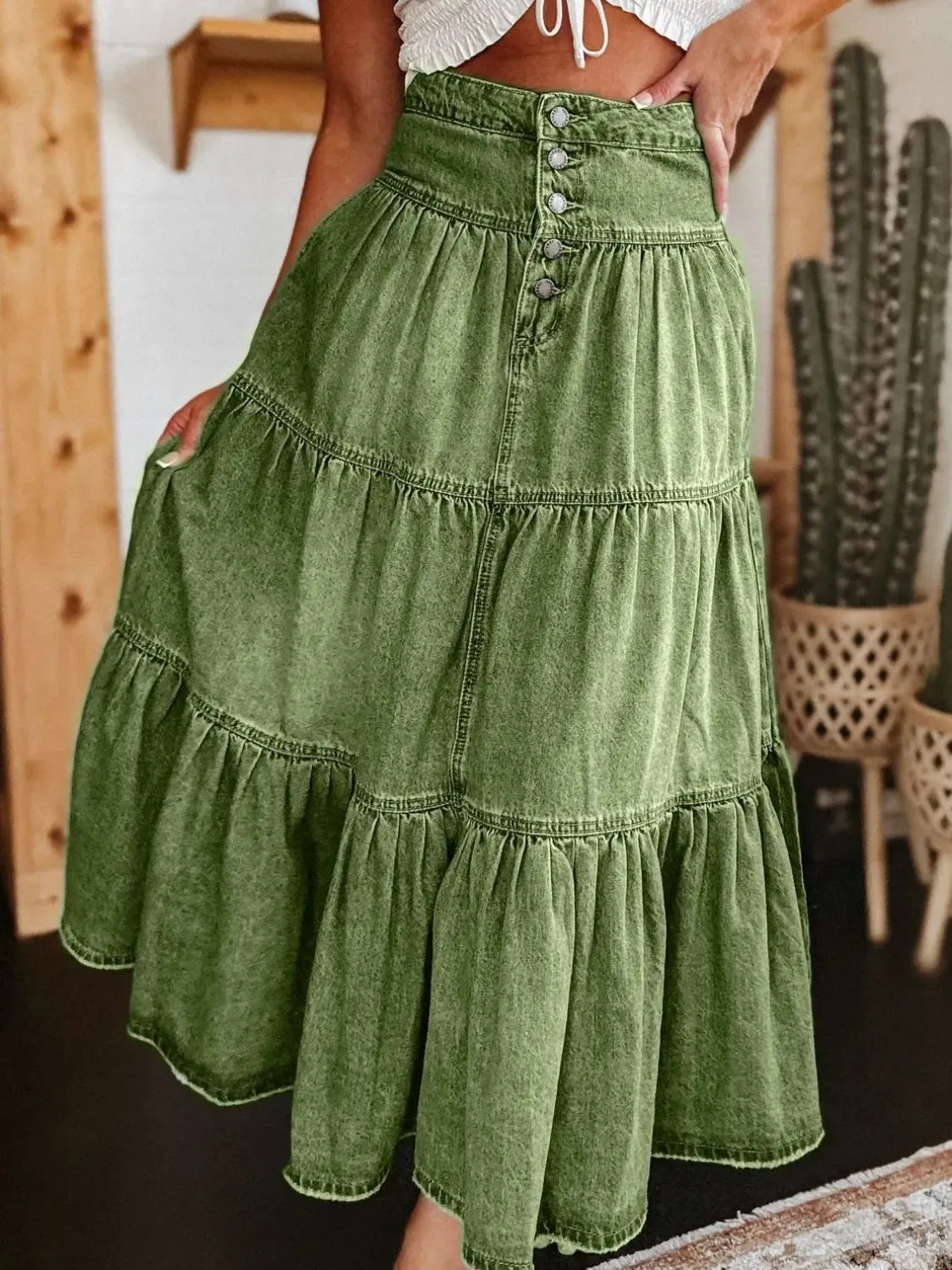Wild Rose Ruched Denim Midi Skirt