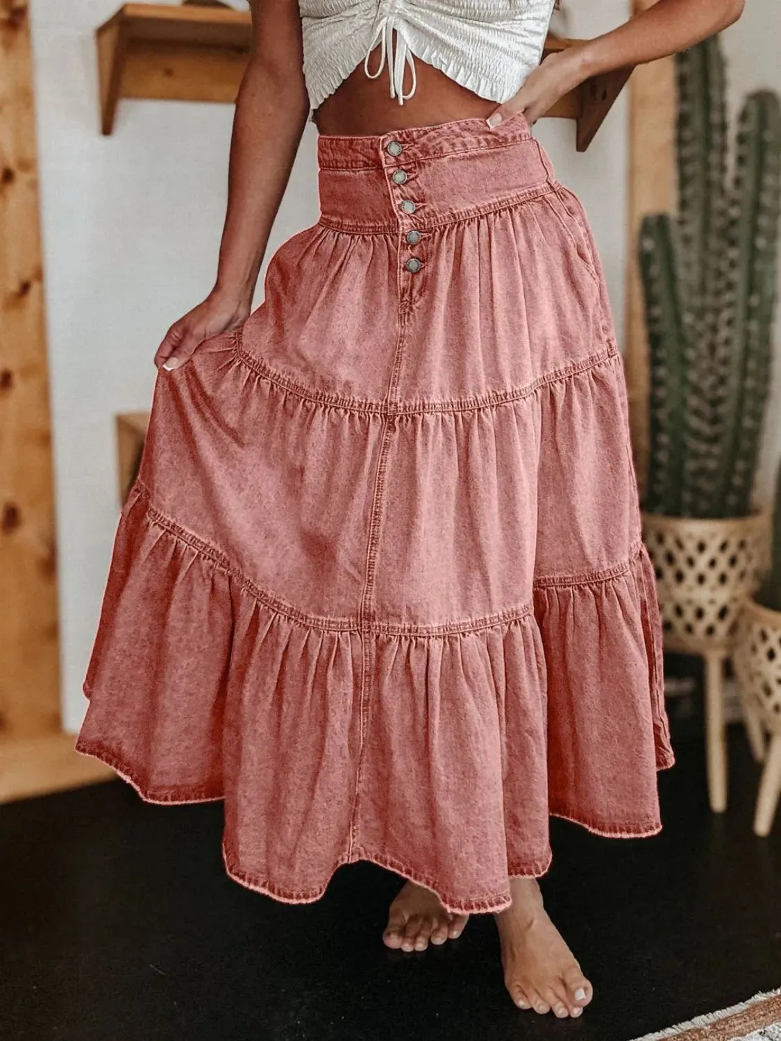 Wild Rose Ruched Denim Midi Skirt