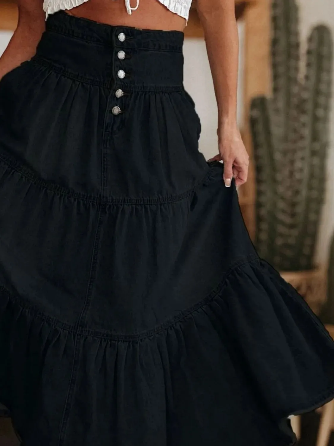 Wild Rose Ruched Denim Midi Skirt