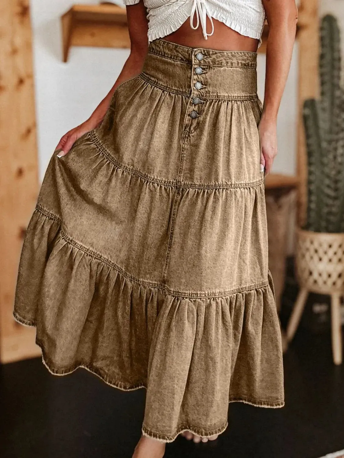 Wild Rose Ruched Denim Midi Skirt