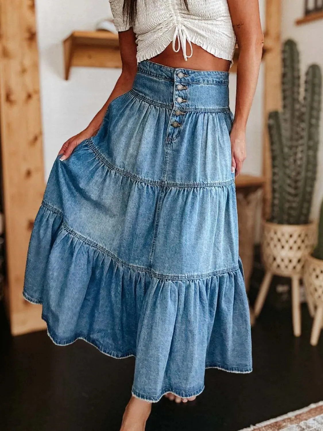 Wild Rose Ruched Denim Midi Skirt